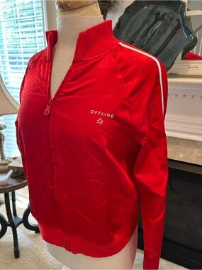 Aerie Red Satin Cropped Track Jacket with White Trim